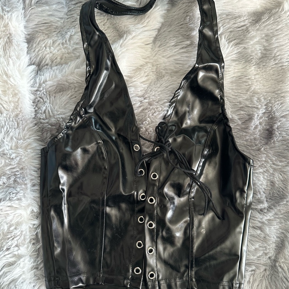Black Faux Latex Halter Lace-Up Top - Picture 1 of 7